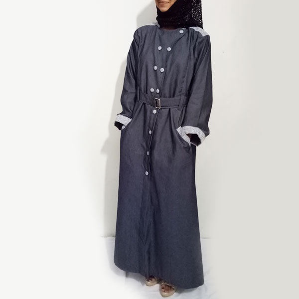 Denim-Abaya-2018-Grey-Front-Buttoned-Checkered-Velvet-Strips