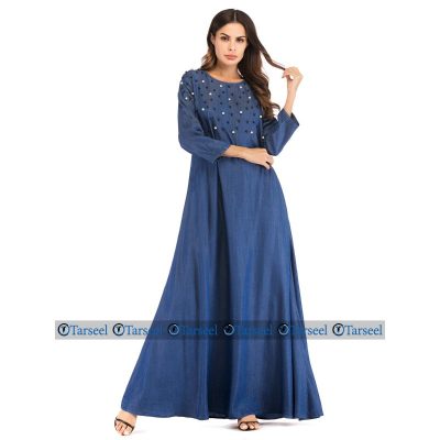 Designer Flare Style Abaya With Rich Pearls On Chest