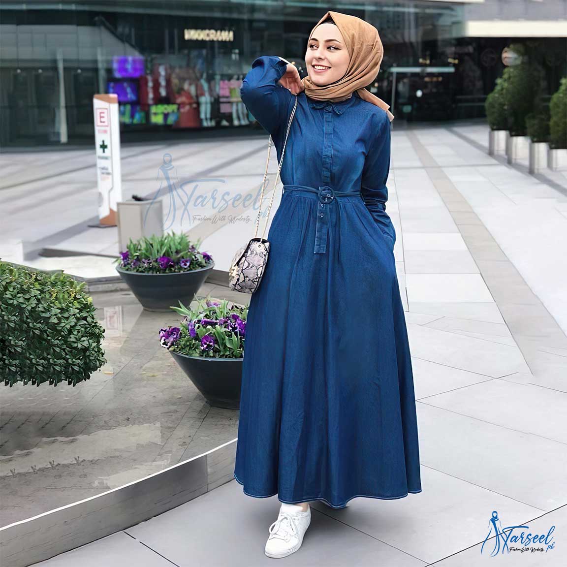 Blue-Denim-Abaya-With-Wasit-Belt-For-Women