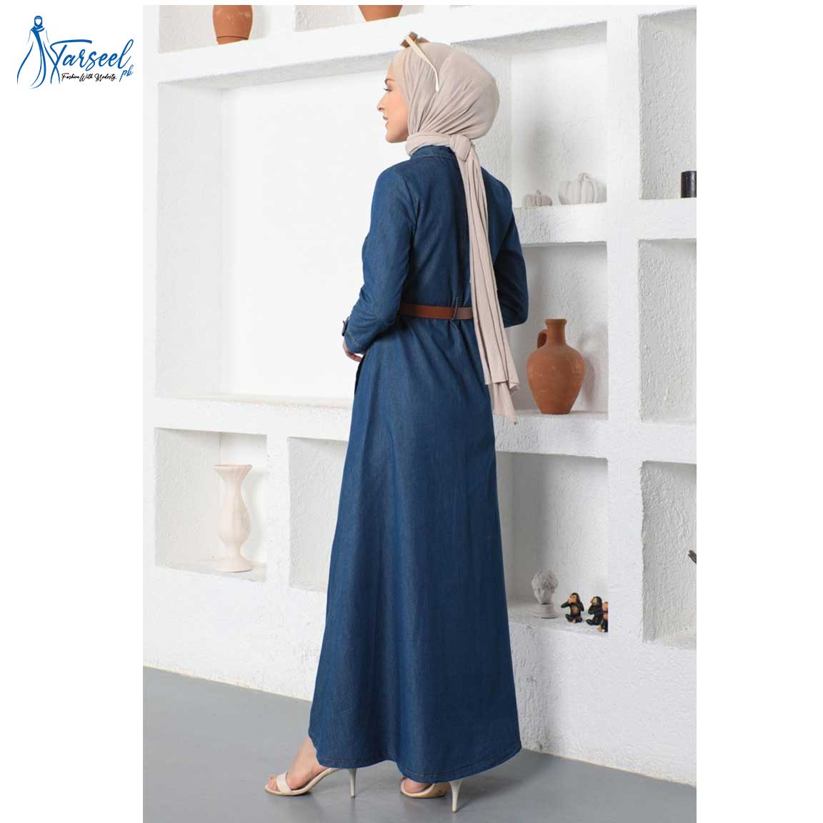 Blue-denim-abaya-with-lether-belt-for-girls